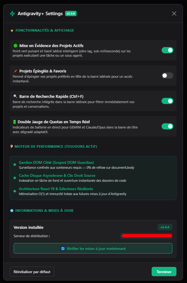 Antigravity+ settings panel