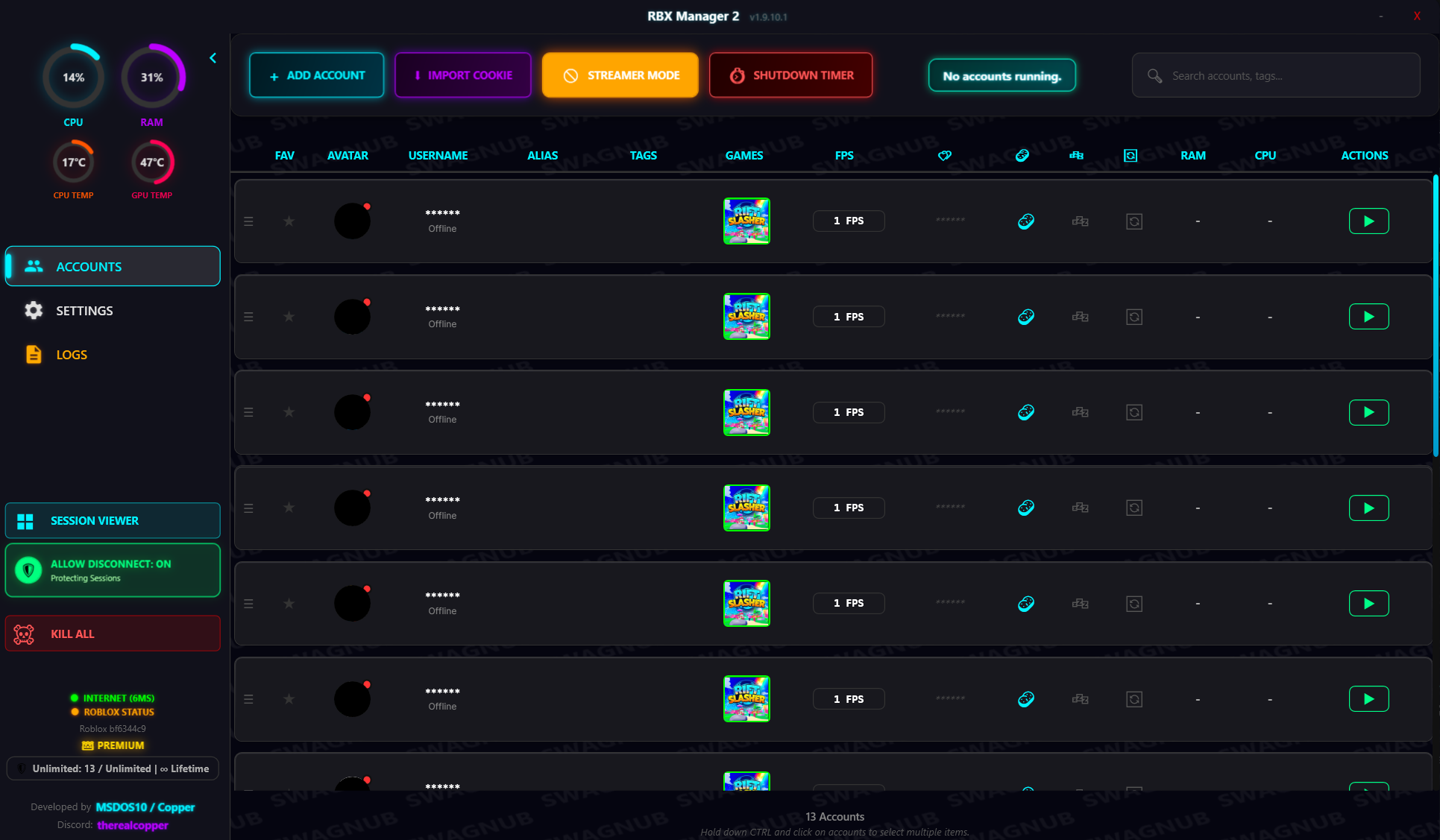 Roblox Account Manager V2, main view